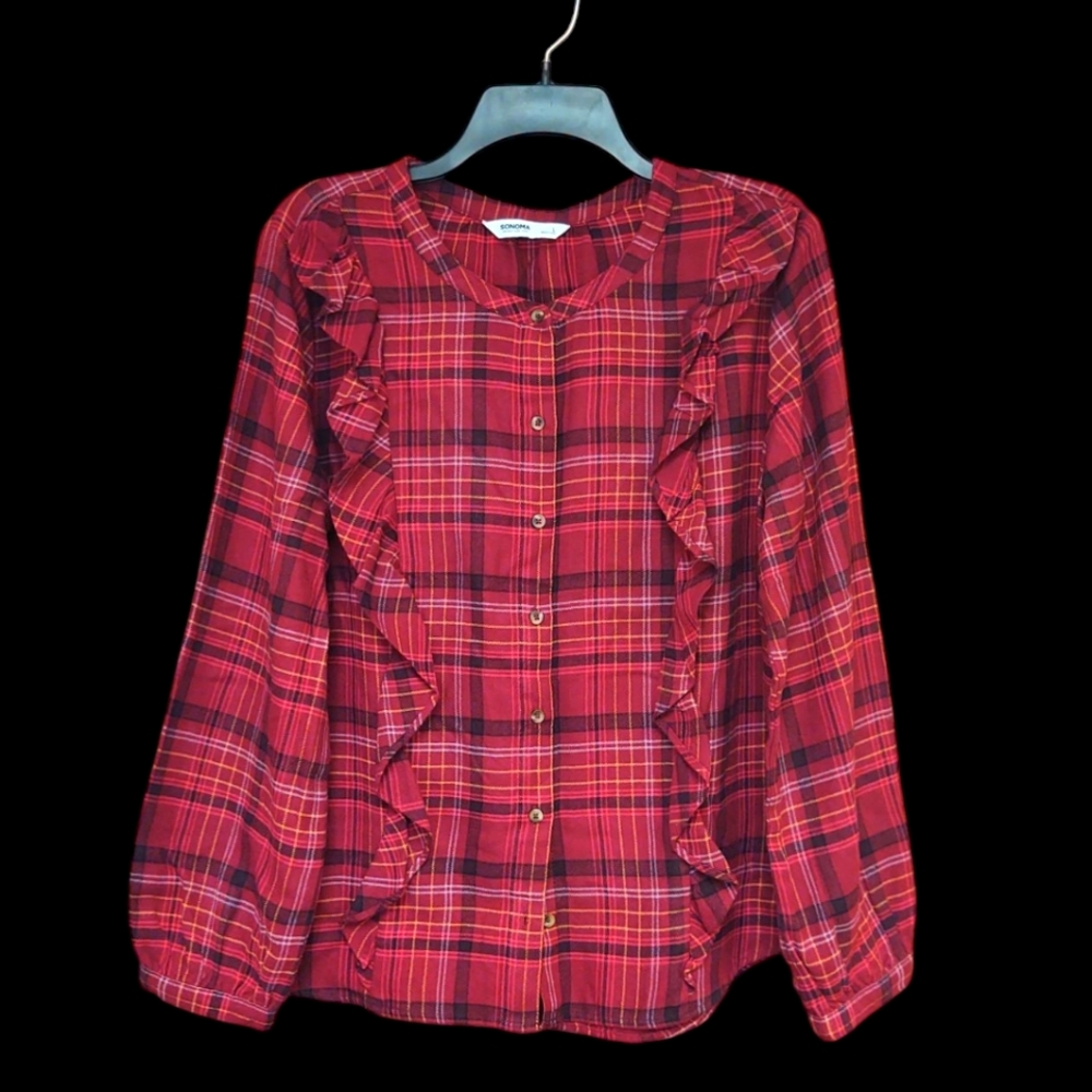 EUC Sonoma Deep Pink Plaid Ruffled Blouse Size L